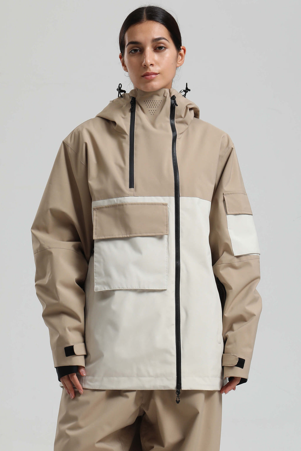 Women's Khaki & White Asym-Zip Multi-Pocket Ski Jacket Utility Waterproof Snow Jacket