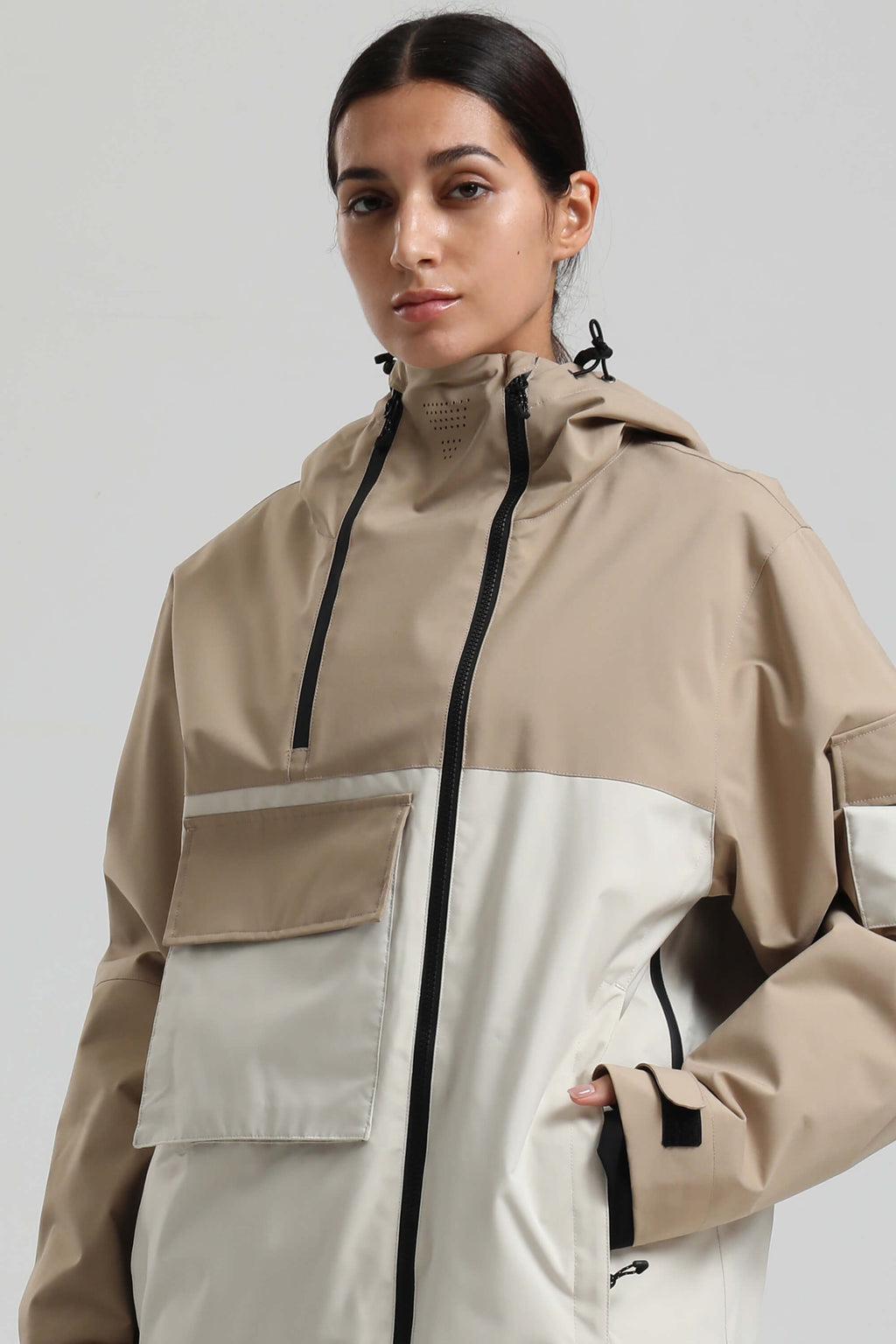 Women's Khaki & White Asym-Zip Multi-Pocket Ski Jacket Utility Waterproof Snow Jacket