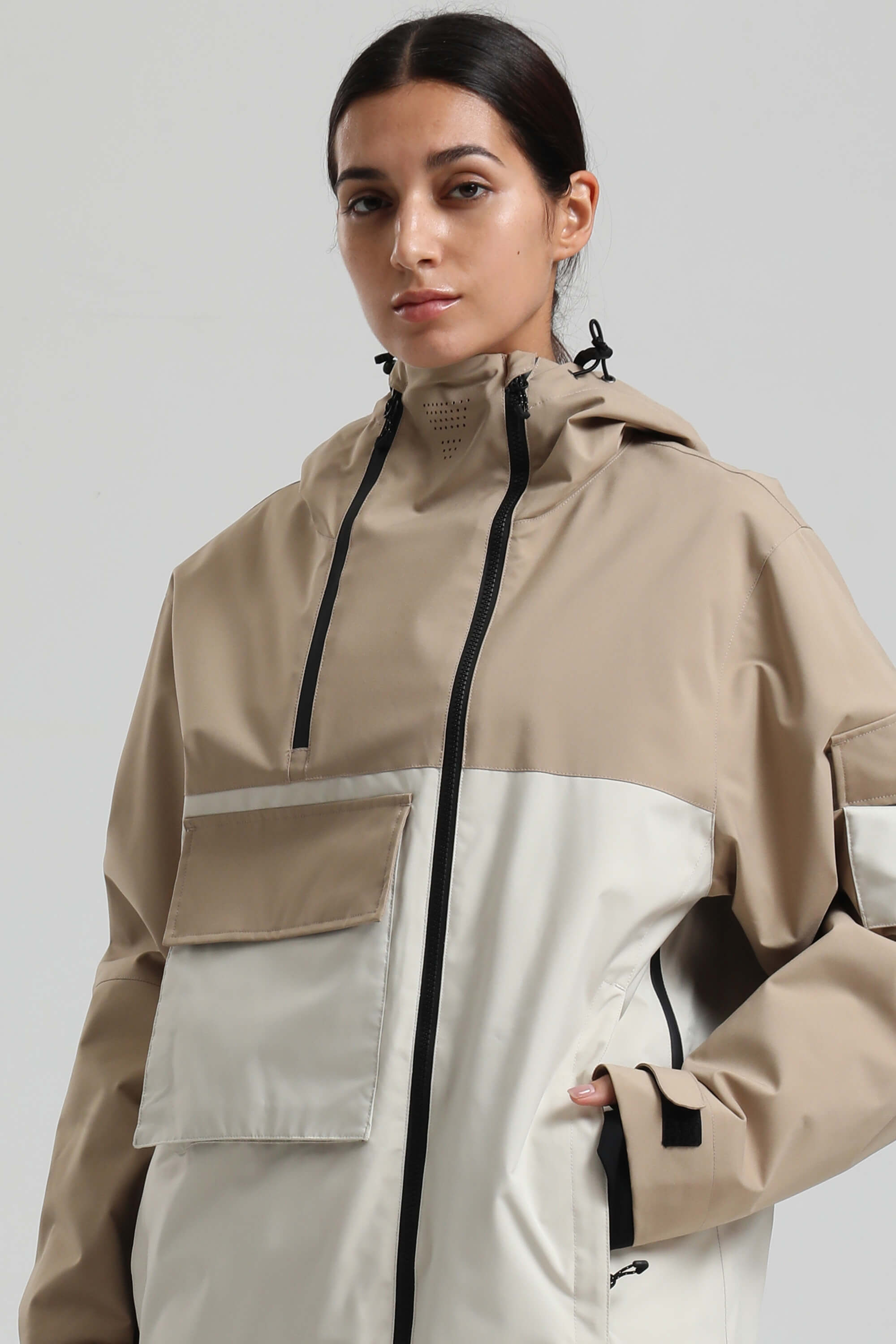 Women's Khaki & White Asym-Zip Multi-Pocket Ski Jacket Utility Waterproof Snow Jacket