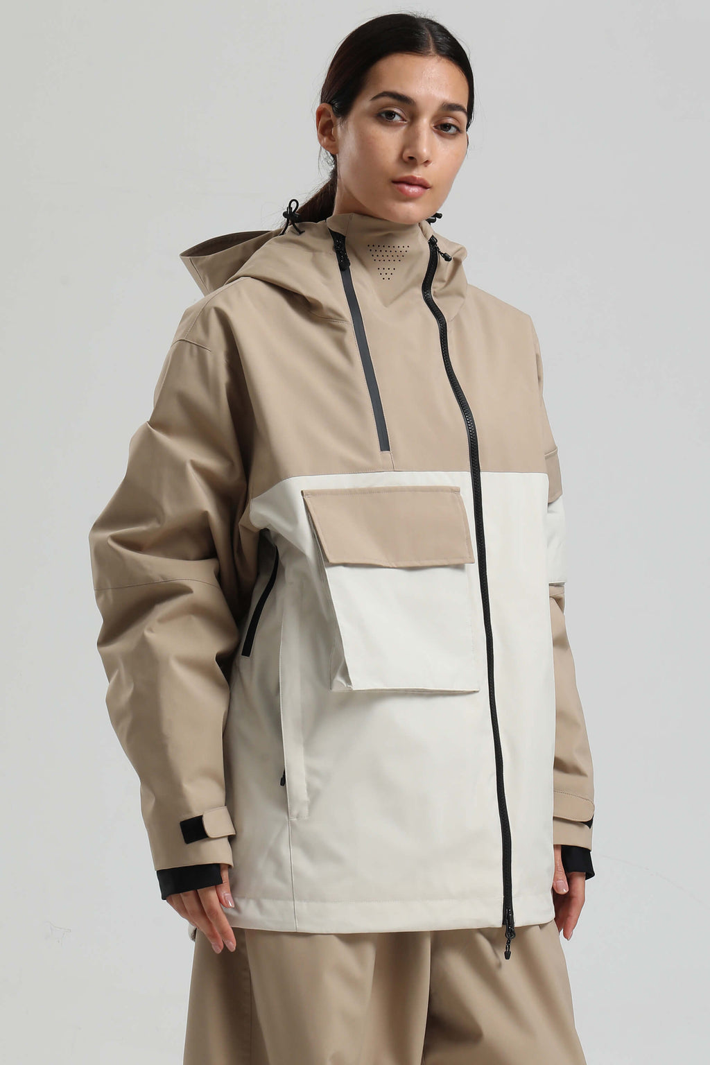 Women's Khaki & White Asym-Zip Multi-Pocket Ski Jacket Utility Waterproof Snow Jacket