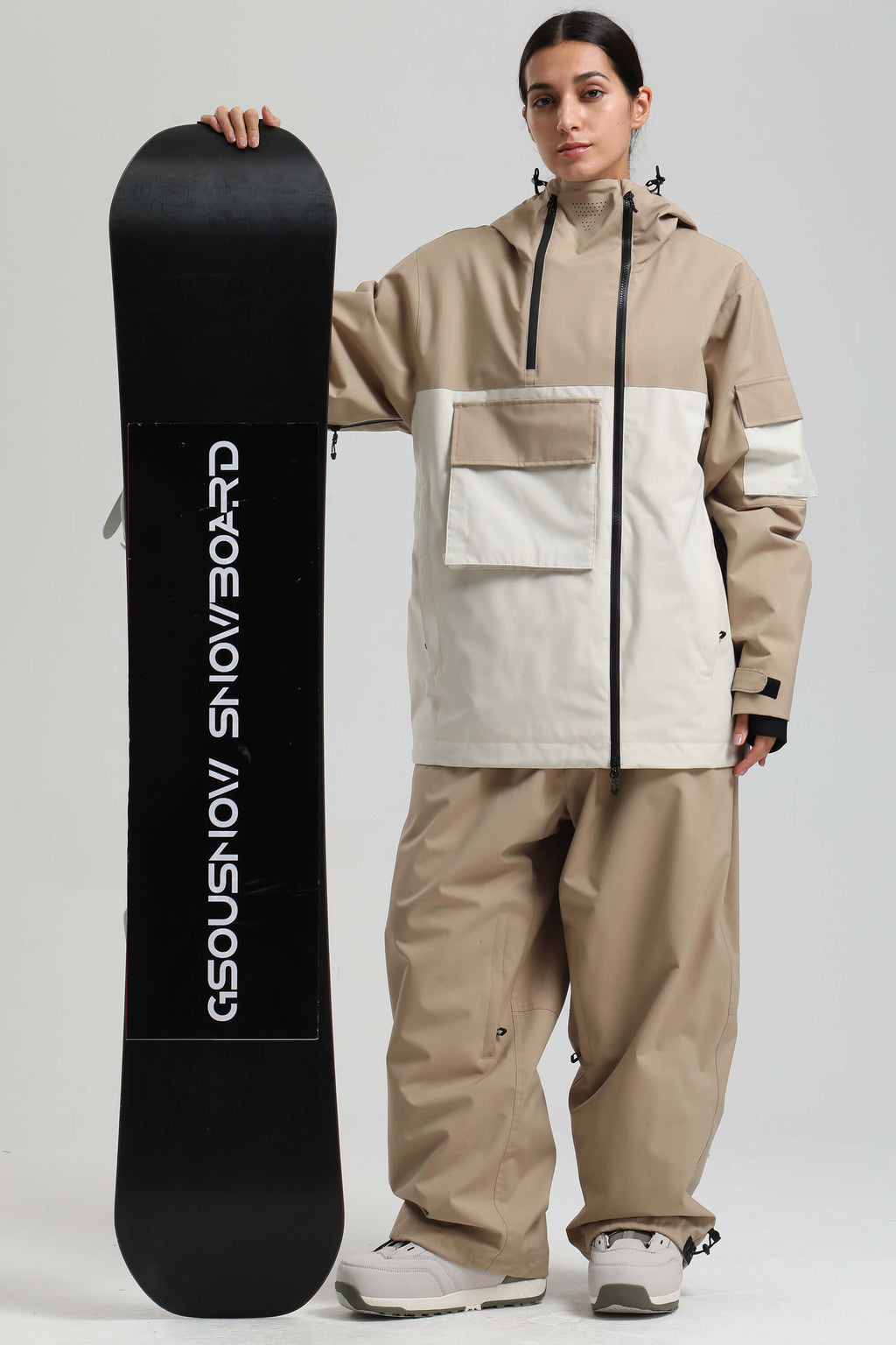 Women's Khaki & White Asym-Zip Multi-Pocket Ski Jacket Utility Waterproof Snow Jacket