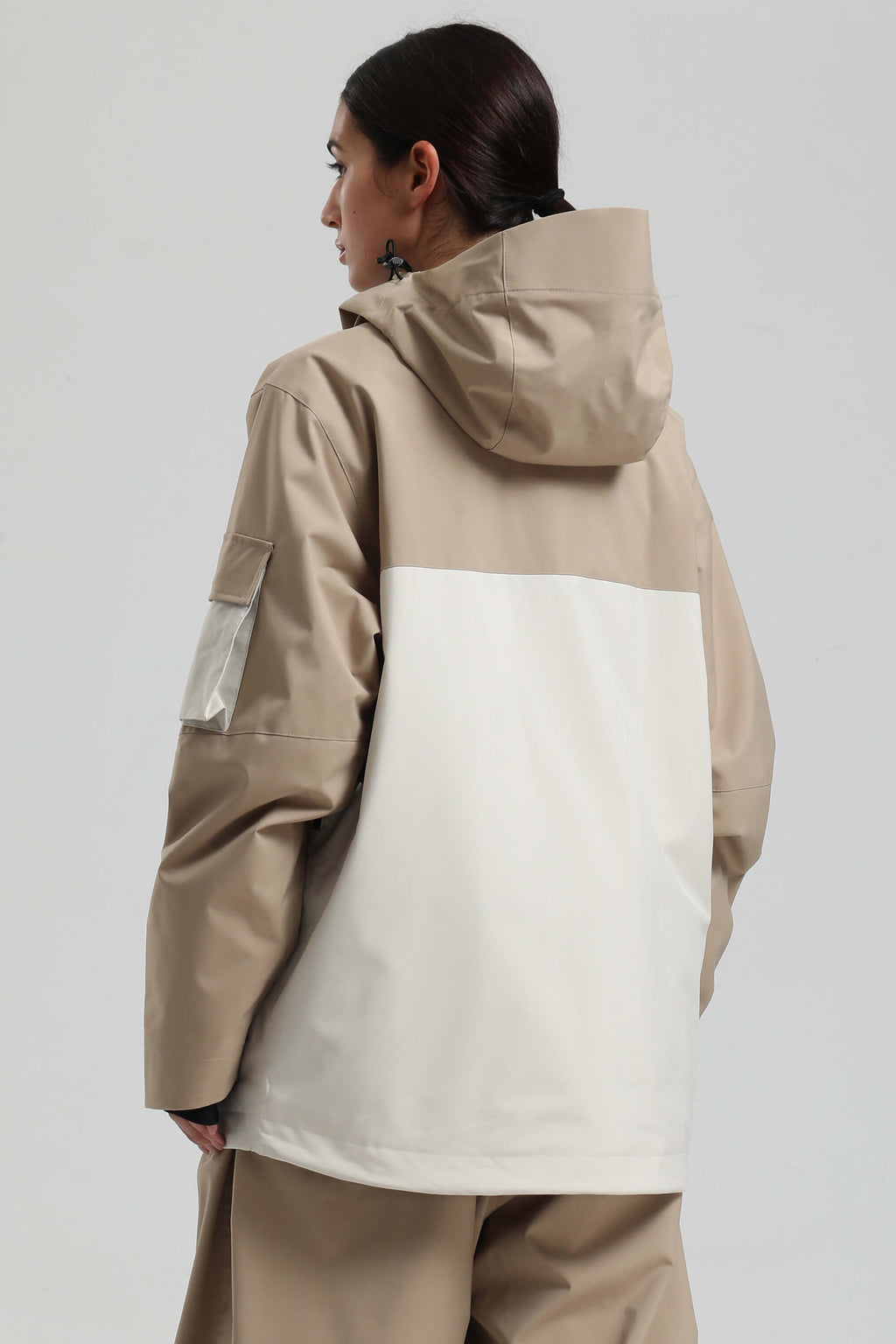 Women's Khaki & White Asym-Zip Multi-Pocket Ski Jacket Utility Waterproof Snow Jacket