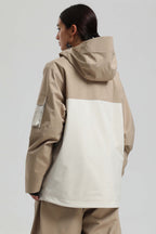 Women's Khaki & White Asym-Zip Multi-Pocket Ski Jacket Utility Waterproof Snow Jacket