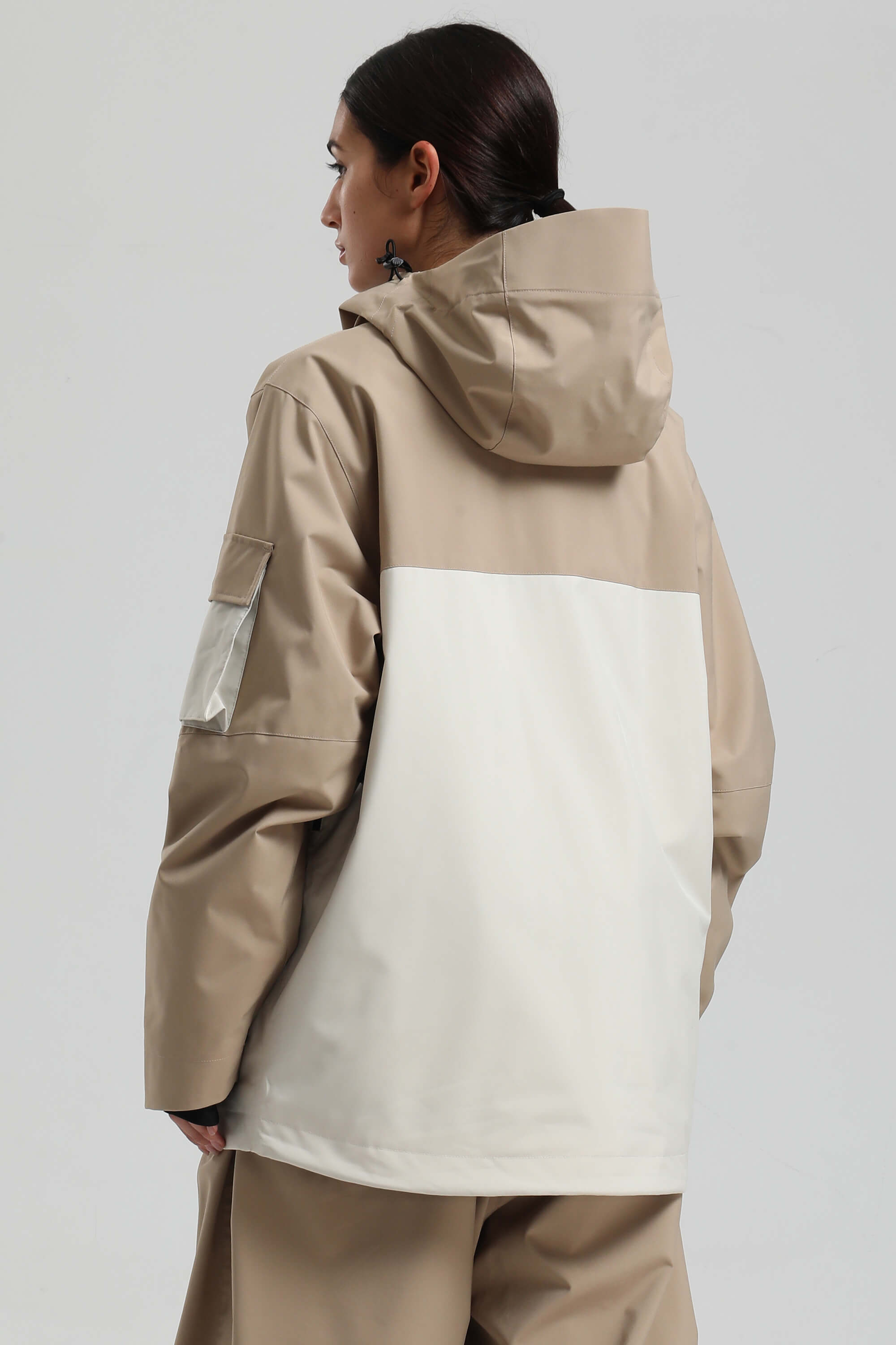 Women's Khaki & White Asym-Zip Multi-Pocket Ski Jacket Utility Waterproof Snow Jacket