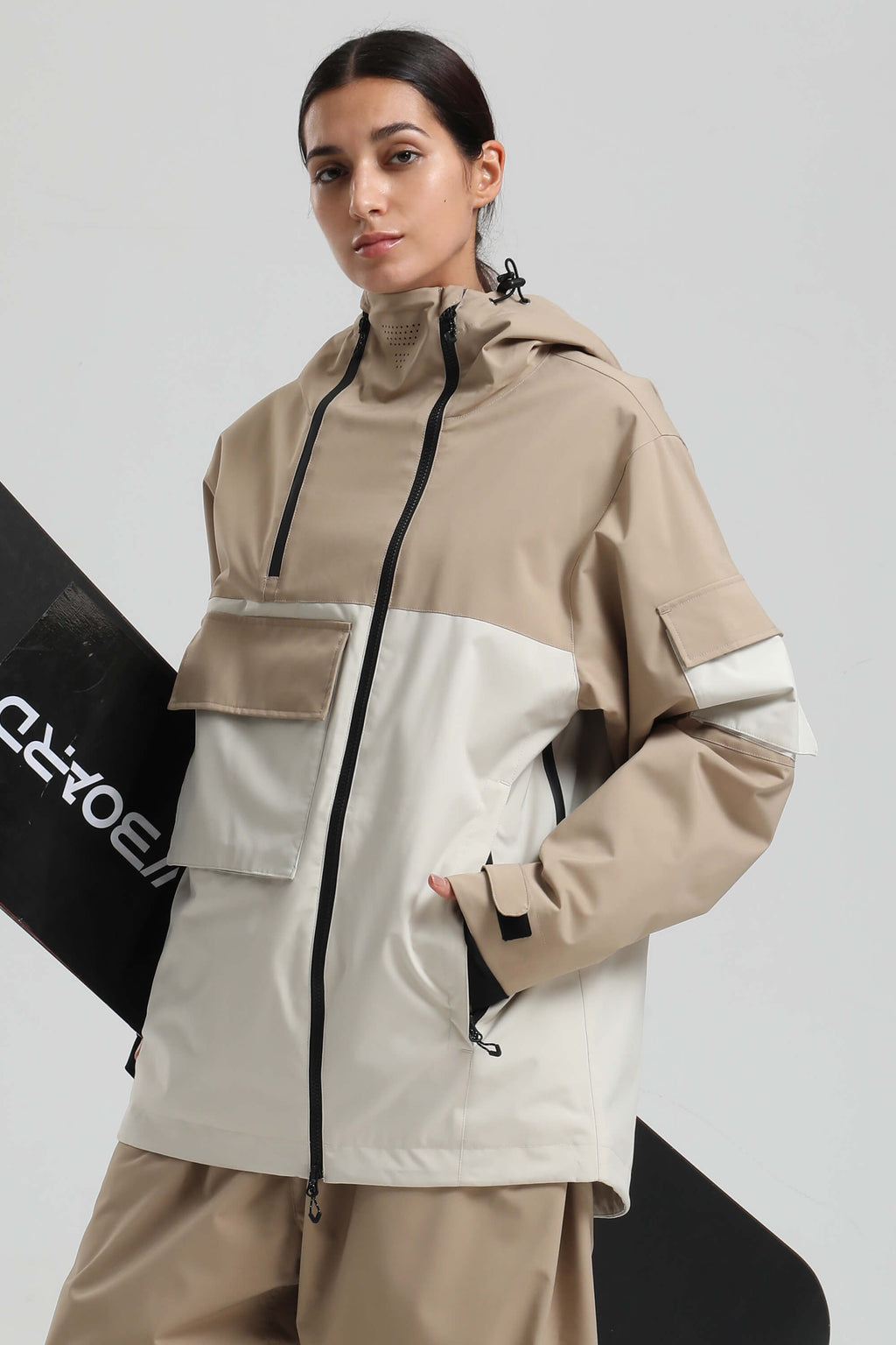 Women's Khaki & White Asym-Zip Multi-Pocket Ski Jacket Utility Waterproof Snow Jacket