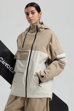 Women's Khaki & White Asym-Zip Multi-Pocket Ski Jacket Utility Waterproof Snow Jacket