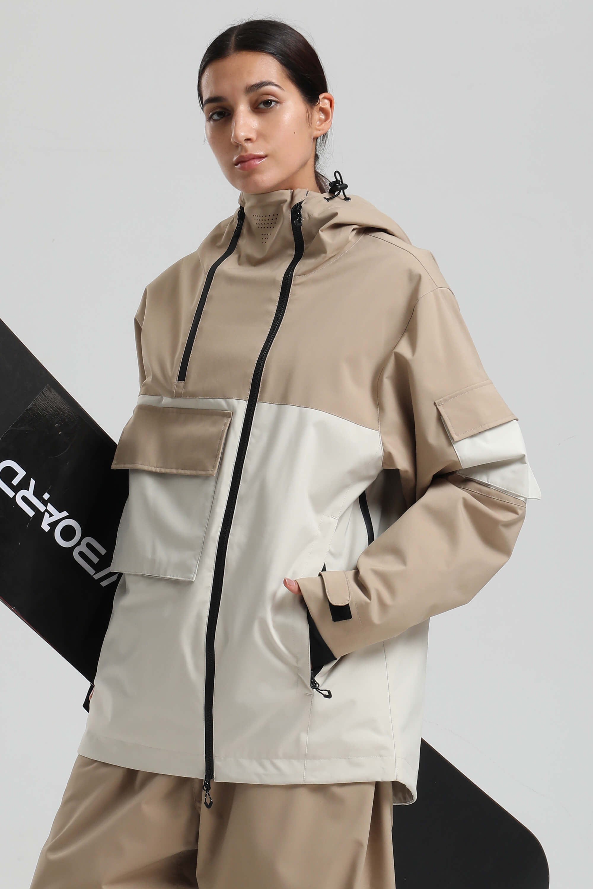 Women's Khaki & White Asym-Zip Multi-Pocket Ski Jacket Utility Waterproof Snow Jacket