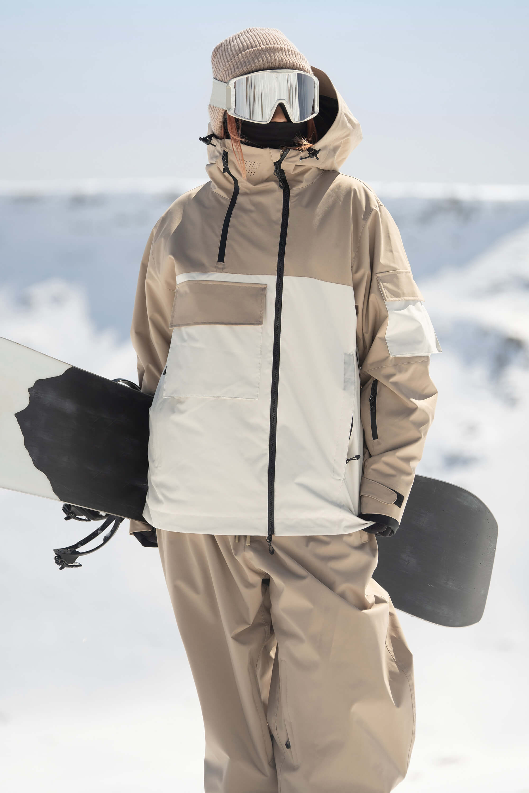 Women's Khaki & White Asym-Zip Multi-Pocket Ski Jacket Utility Waterproof Snow Jacket