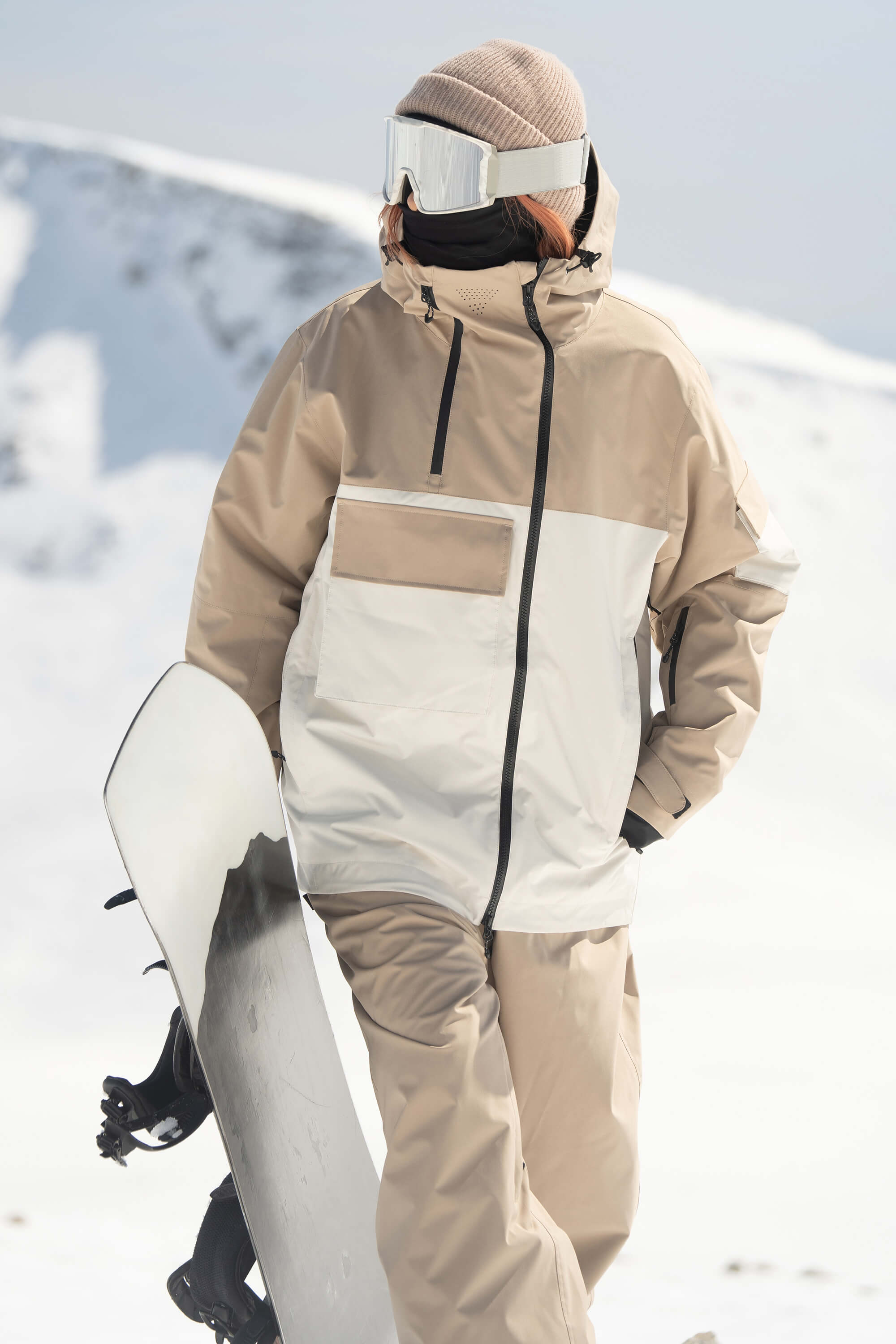 Women's Khaki & White Asym-Zip Multi-Pocket Ski Jacket Utility Waterproof Snow Jacket Main image