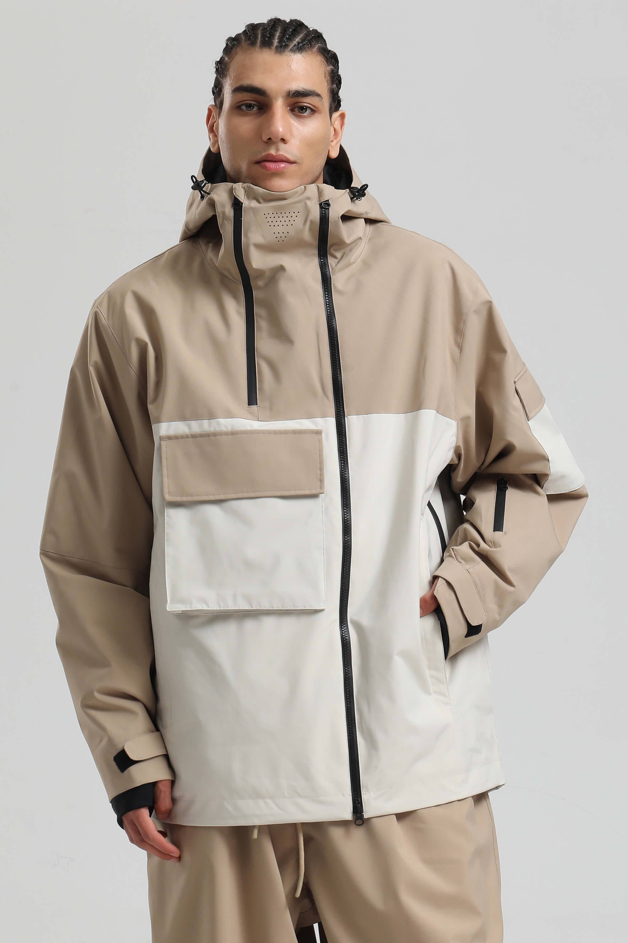 Men's Khaki & White Asym-Zip Multi-Pocket Ski Jacket Utility Waterproof Snow Jacket Main image