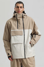 Men's Black & Khaki Asym-Zip Multi-Pocket Ski Jacket Utility Waterproof Snow Jacket