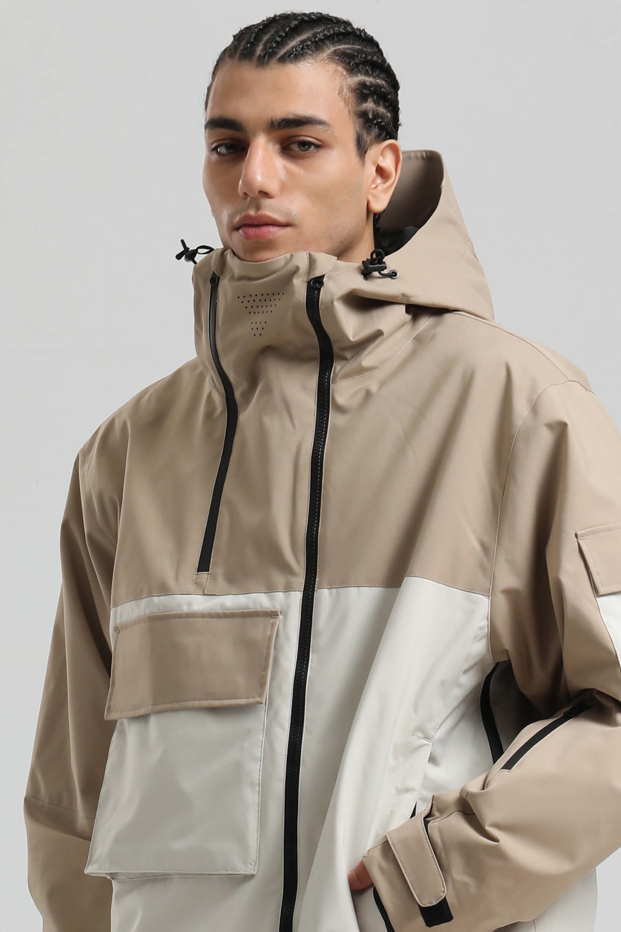 Men's Khaki & White Asym-Zip Multi-Pocket Ski Jacket Utility Waterproof Snow Jacket Secondary image