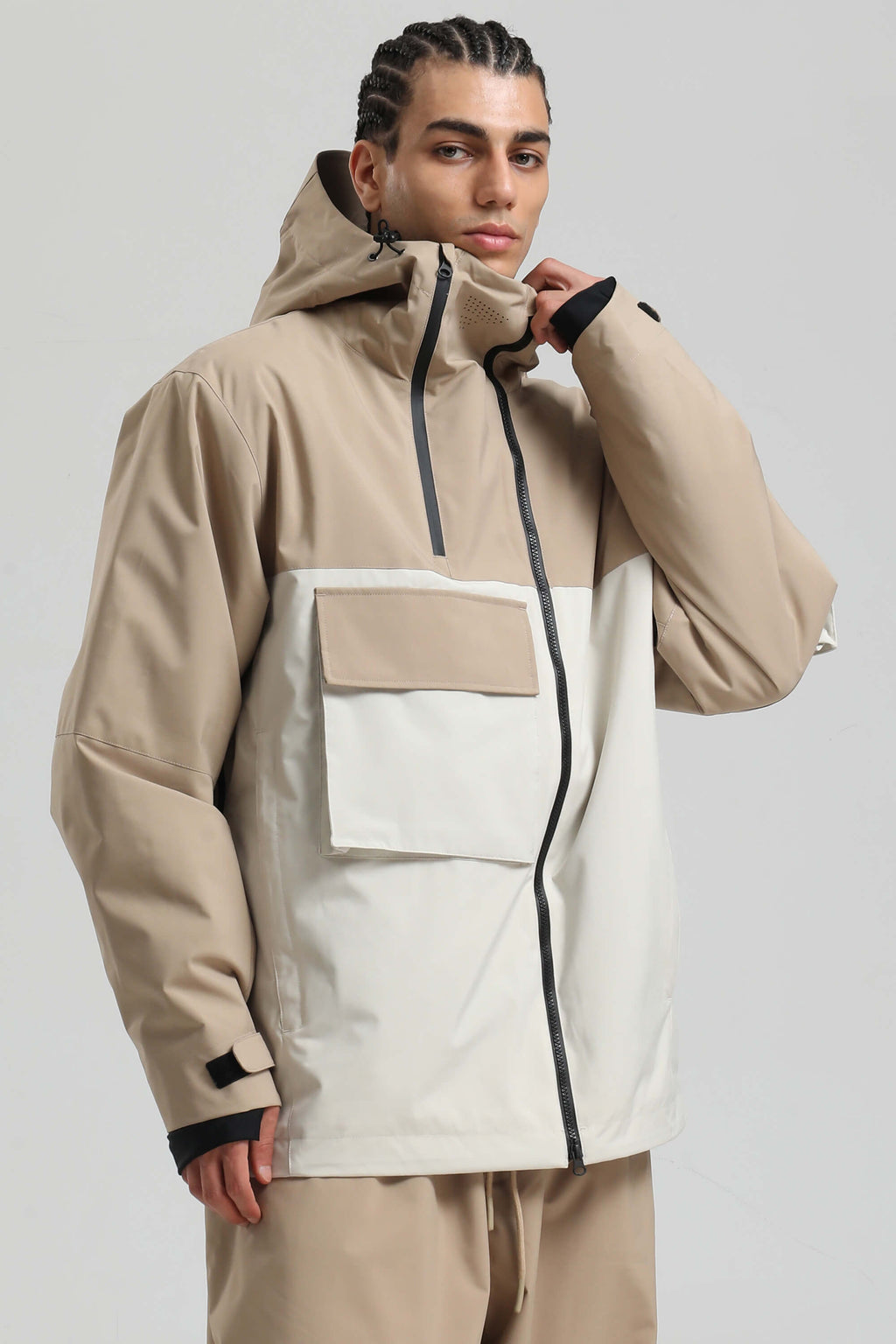 Men's Khaki & White Asym-Zip Multi-Pocket Ski Jacket Utility Waterproof Snow Jacket
