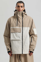 Men's Khaki & White Asym-Zip Multi-Pocket Ski Jacket Utility Waterproof Snow Jacket