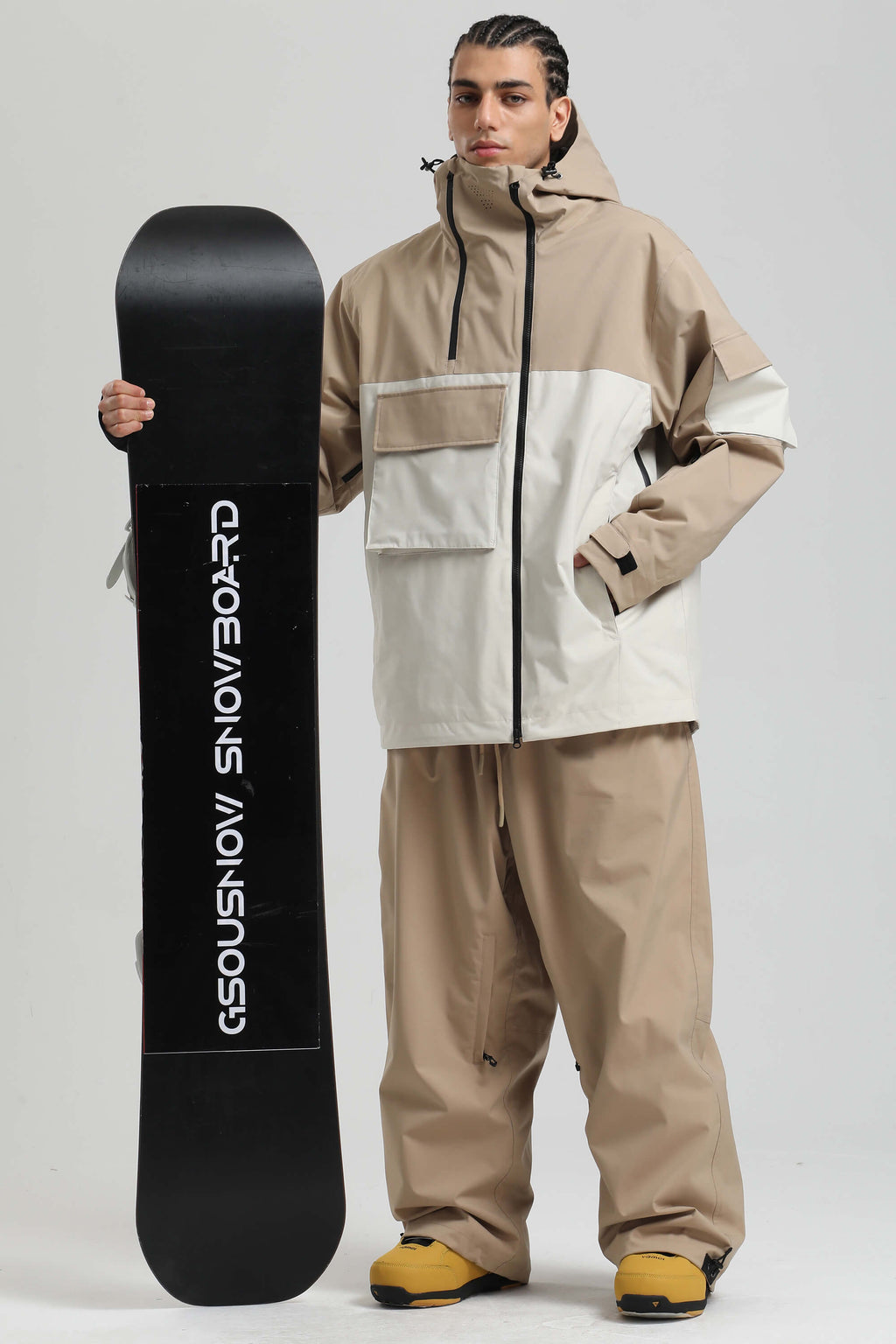 Men's Khaki & White Asym-Zip Multi-Pocket Ski Jacket Utility Waterproof Snow Jacket