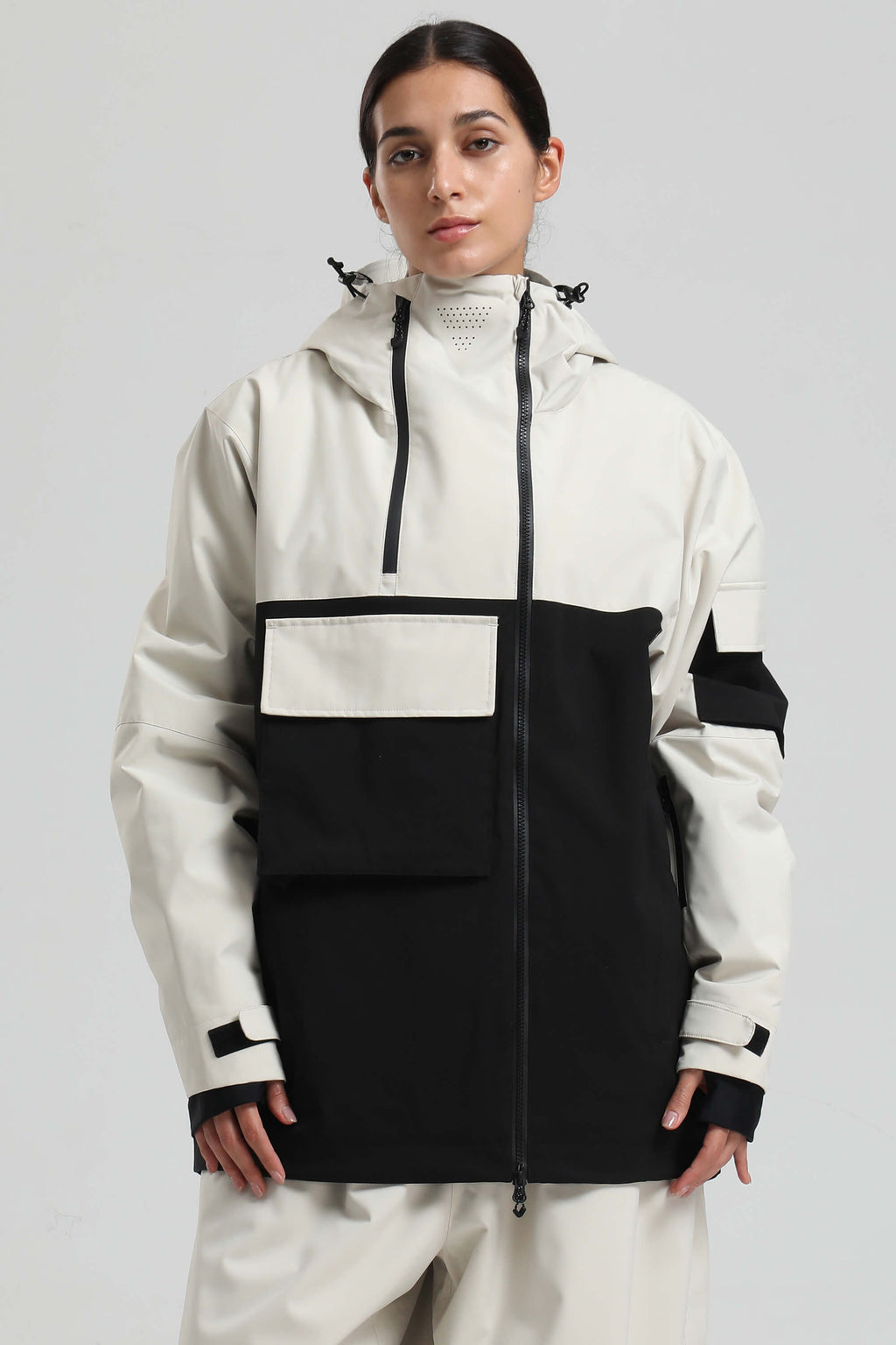 Women's White & Black Asym-Zip Multi-Pocket Ski Jacket Utility Waterproof Snow Jacket