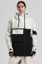 Women's White & Black Asym-Zip Multi-Pocket Ski Jacket Utility Waterproof Snow Jacket