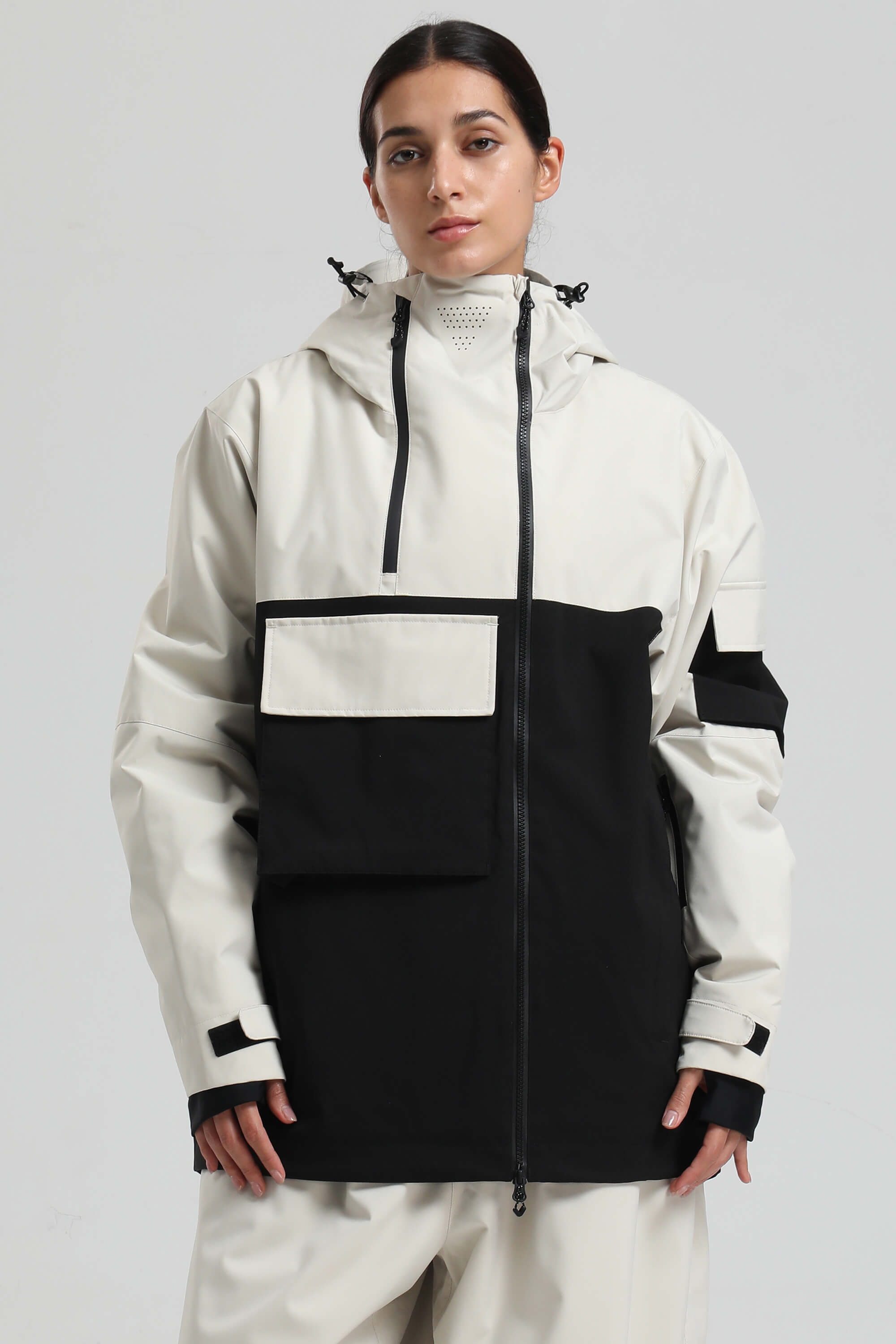Women's White & Black Asym-Zip Multi-Pocket Ski Jacket Utility Waterproof Snow Jacket