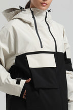 Women's White & Black Asym-Zip Multi-Pocket Ski Jacket Utility Waterproof Snow Jacket