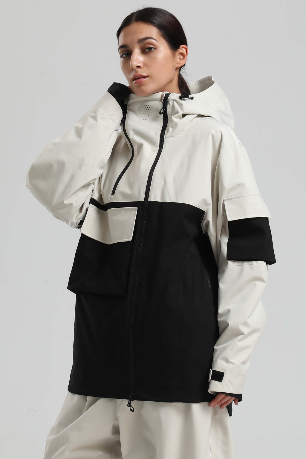 Women's White & Black Asym-Zip Multi-Pocket Ski Jacket Utility Waterproof Snow Jacket