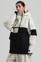Women's White & Black Asym-Zip Multi-Pocket Ski Jacket Utility Waterproof Snow Jacket