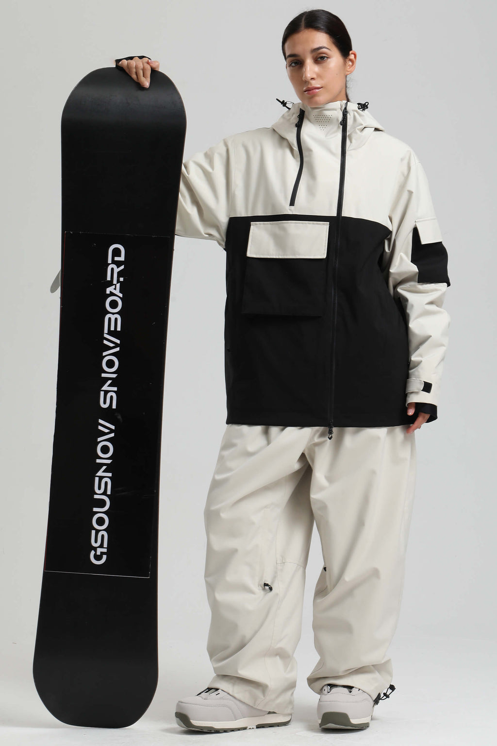 Women's White & Black Asym-Zip Multi-Pocket Ski Jacket Utility Waterproof Snow Jacket