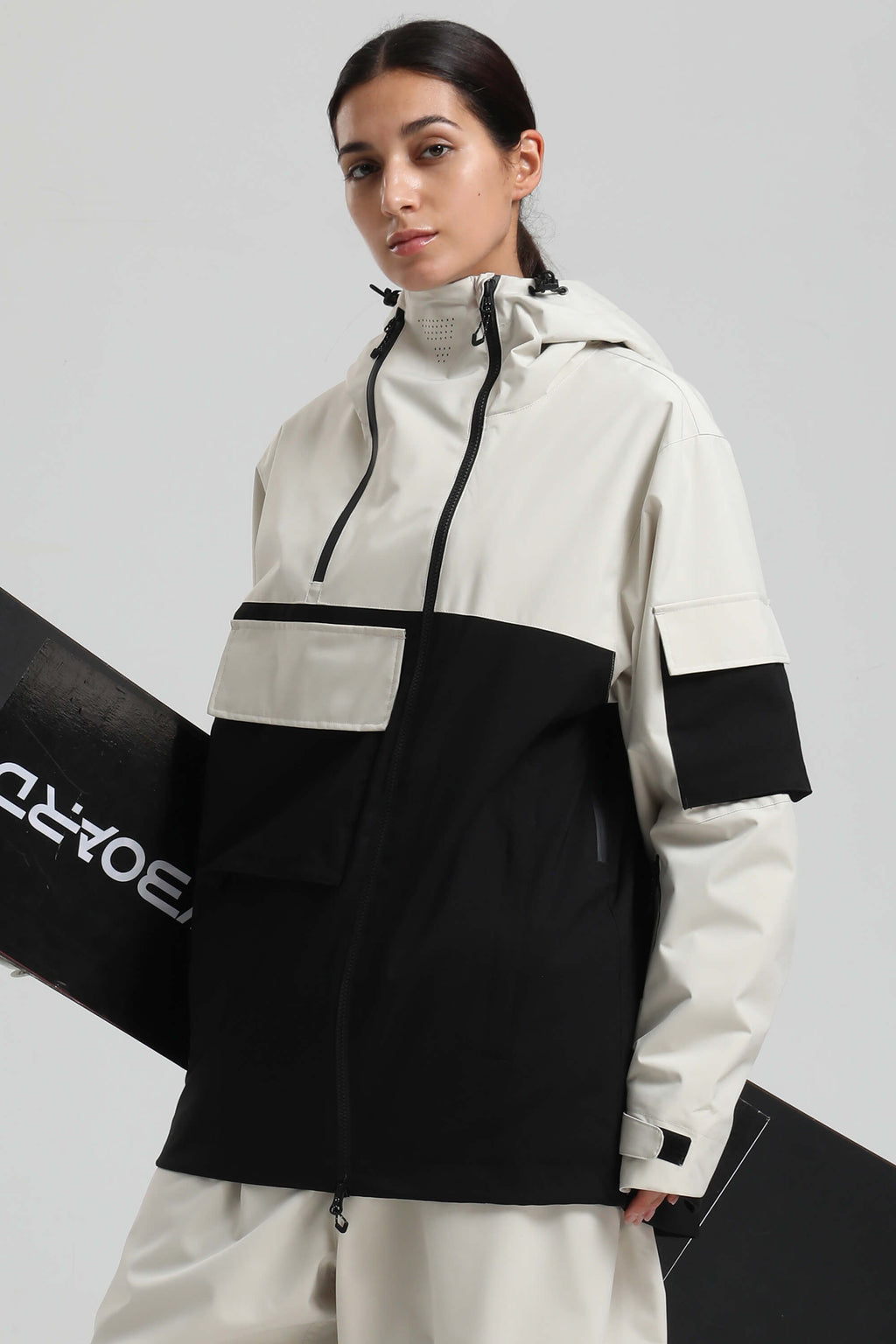Women's White & Black Asym-Zip Multi-Pocket Ski Jacket Utility Waterproof Snow Jacket