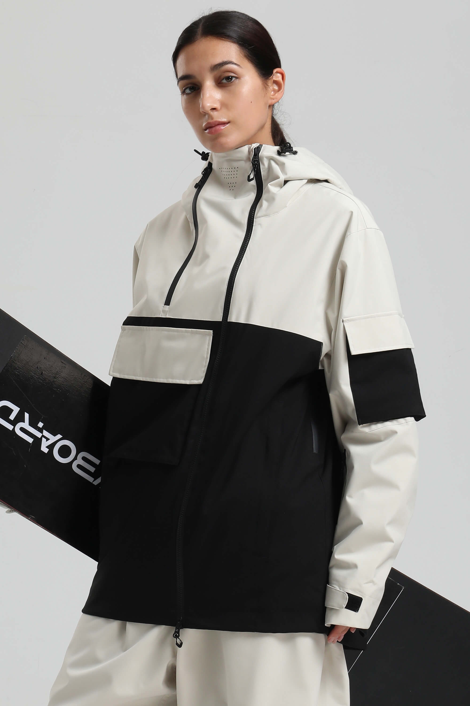 Women's White & Black Asym-Zip Multi-Pocket Ski Jacket Utility Waterproof Snow Jacket