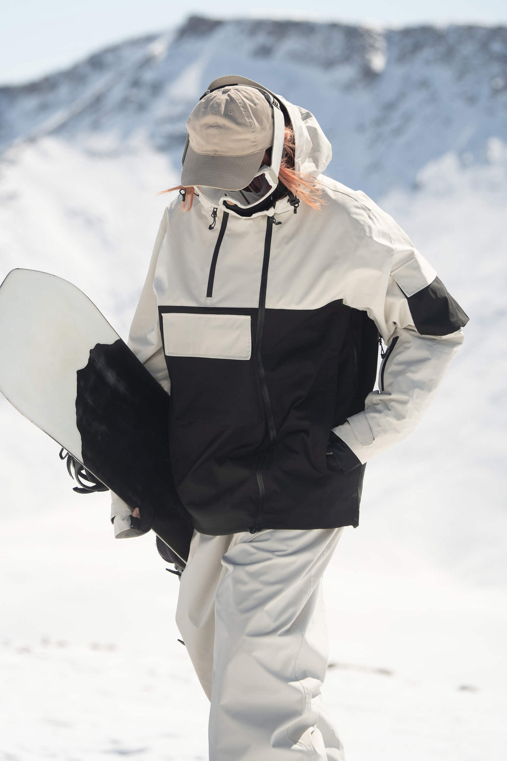Women's Khaki & White Asym-Zip Multi-Pocket Ski Jacket Utility Waterproof Snow Jacket