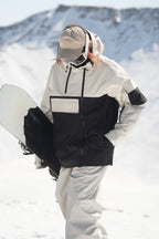 Women's Khaki & White Asym-Zip Multi-Pocket Ski Jacket Utility Waterproof Snow Jacket