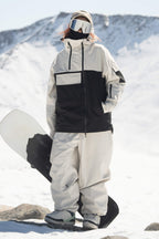 Women's Khaki & White Asym-Zip Multi-Pocket Ski Jacket Utility Waterproof Snow Jacket