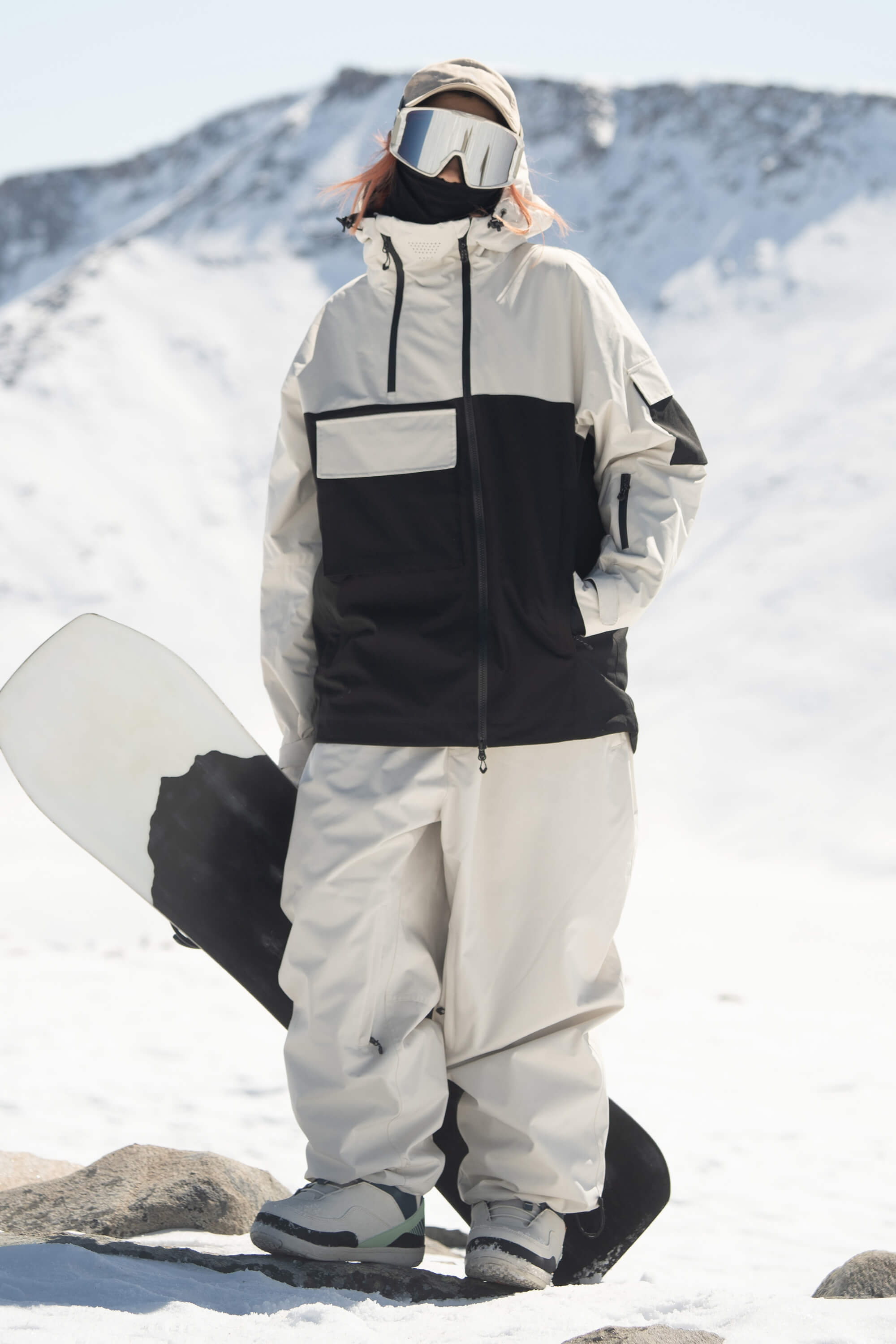 Women's Khaki & White Asym-Zip Multi-Pocket Ski Jacket Utility Waterproof Snow Jacket