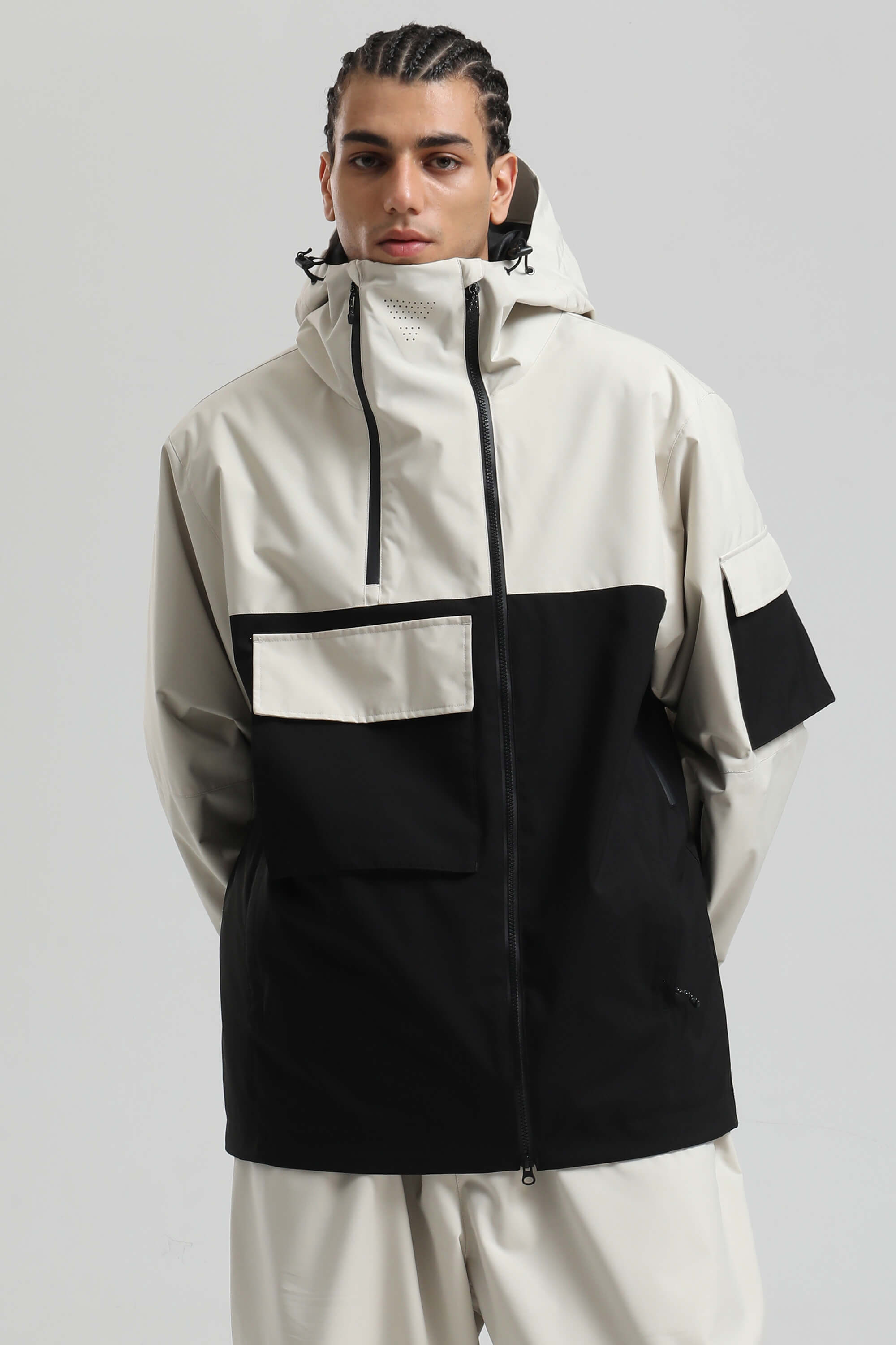 Men's White & Black Asym-Zip Multi-Pocket Ski Jacket Utility Waterproof Snow Jacket