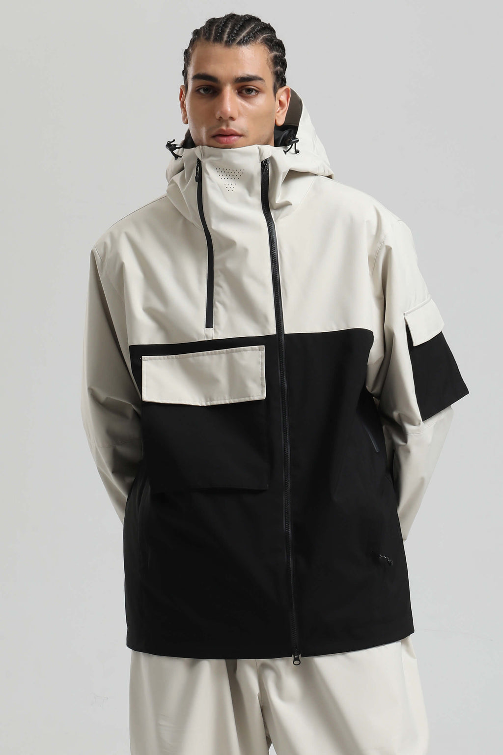 Men's Khaki Asym-Zip Multi-Pocket Ski Jacket Utility Waterproof Snow Jacket