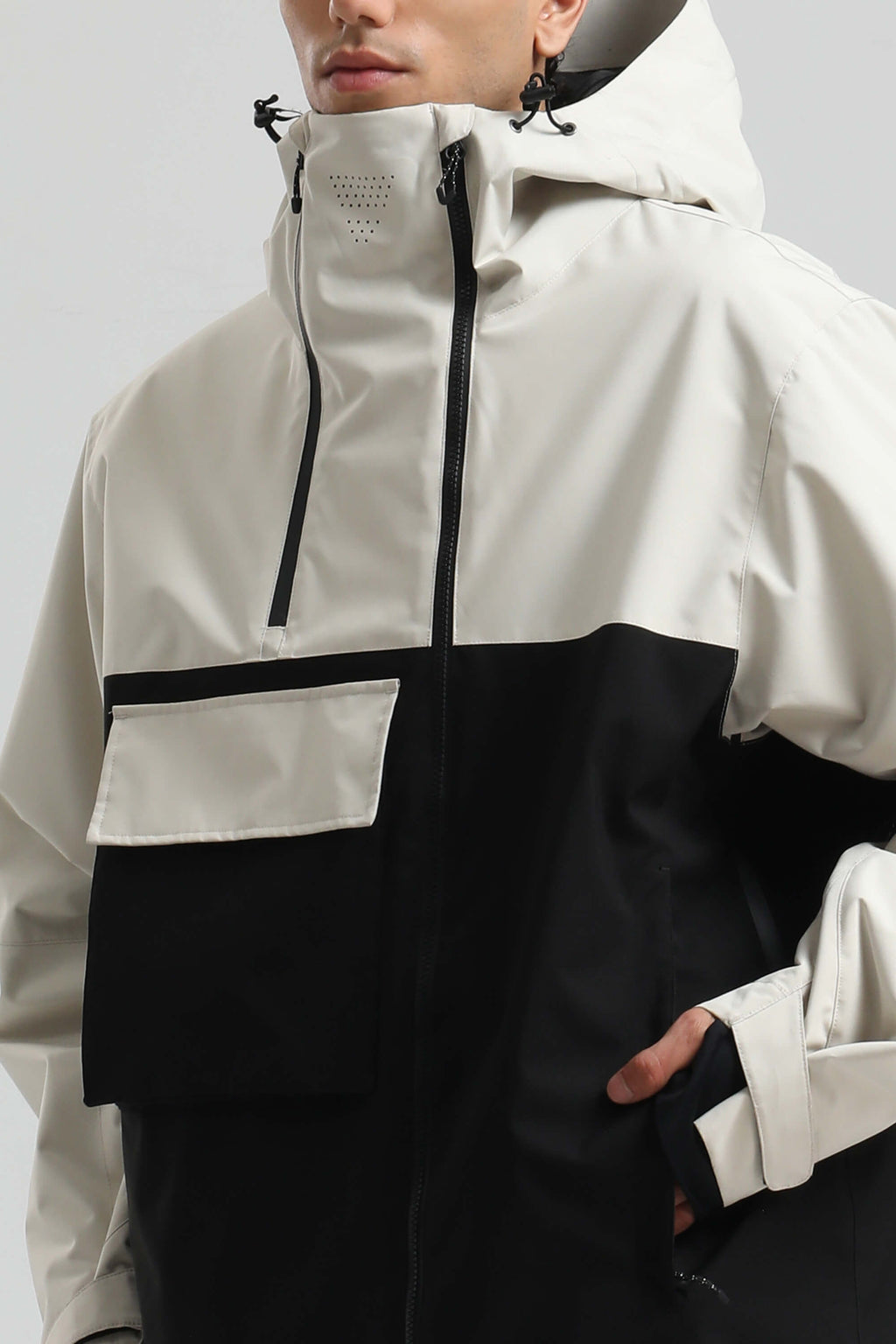Men's White & Black Asym-Zip Multi-Pocket Ski Jacket Utility Waterproof Snow Jacket