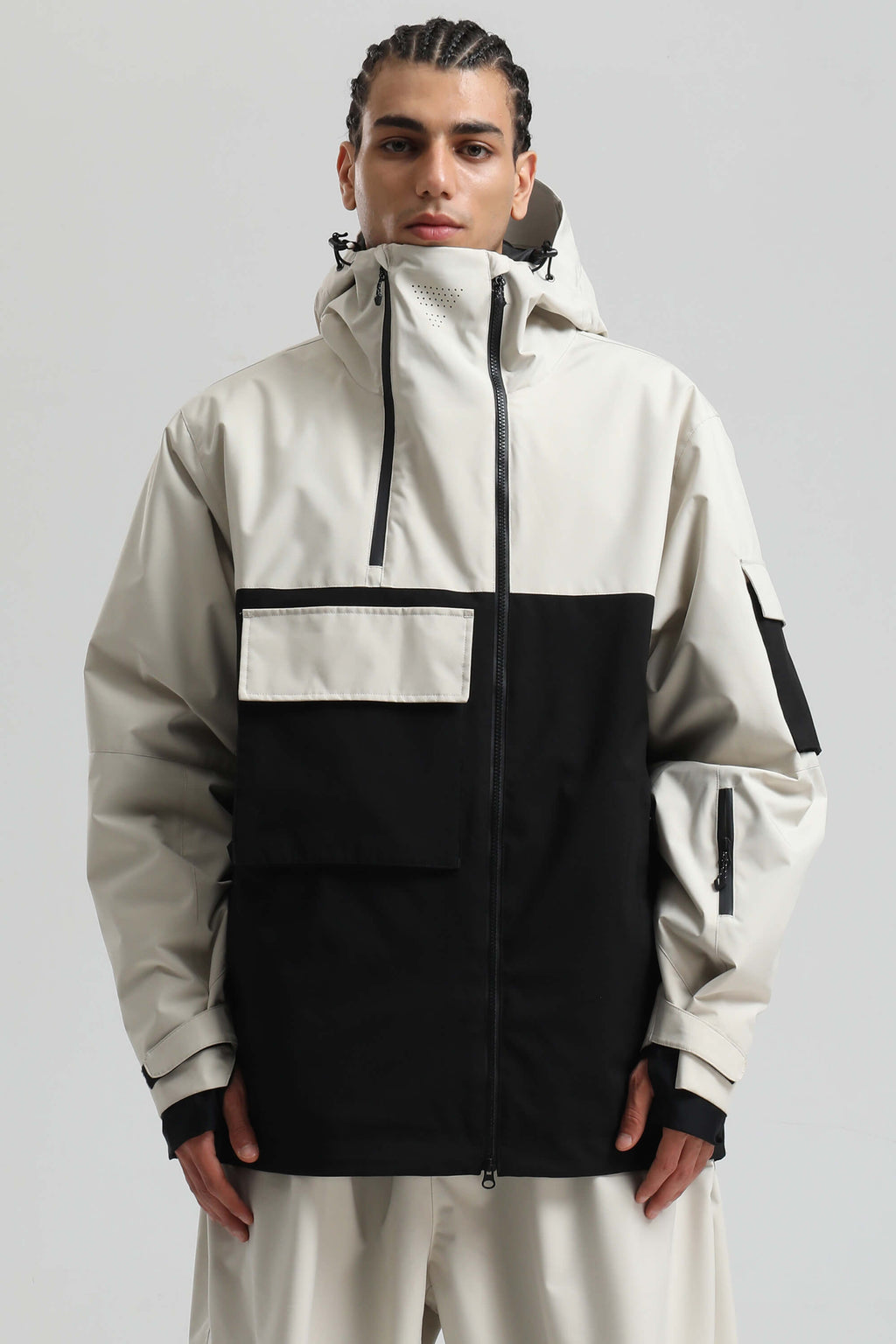 Men's White & Black Asym-Zip Multi-Pocket Ski Jacket Utility Waterproof Snow Jacket