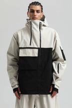 Men's White & Black Asym-Zip Multi-Pocket Ski Jacket Utility Waterproof Snow Jacket