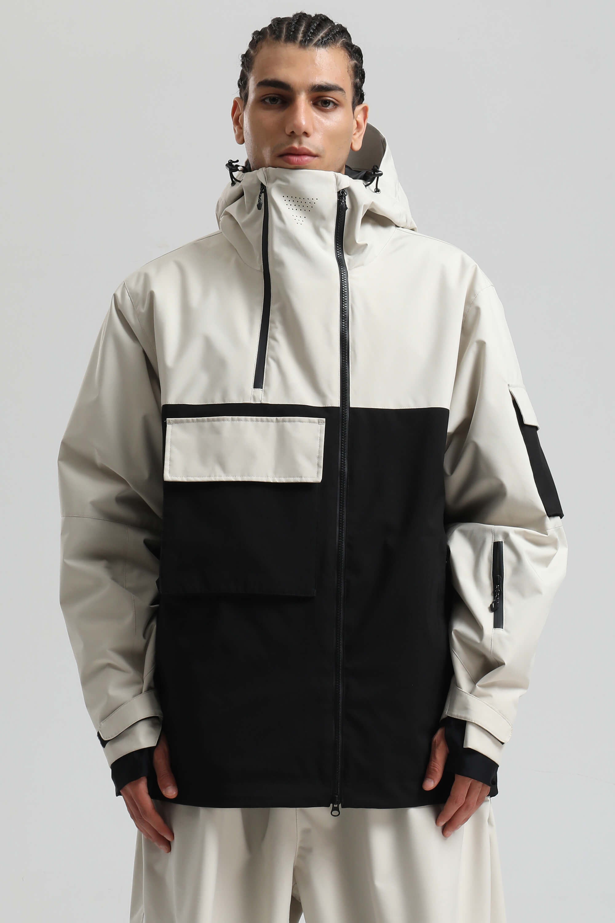Men's White & Black Asym-Zip Multi-Pocket Ski Jacket Utility Waterproof Snow Jacket