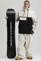 Men's White & Black Asym-Zip Multi-Pocket Ski Jacket Utility Waterproof Snow Jacket
