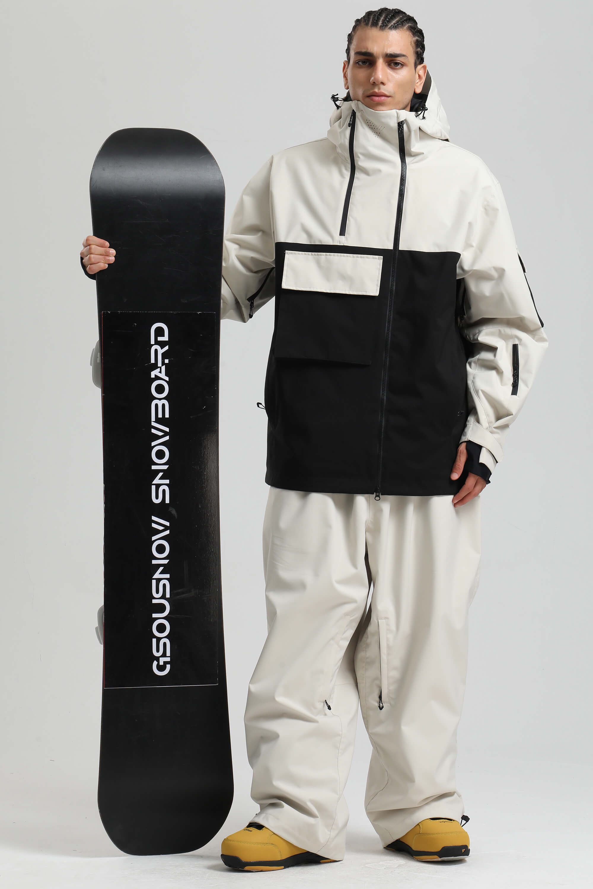 Men's White & Black Asym-Zip Multi-Pocket Ski Jacket Utility Waterproof Snow Jacket