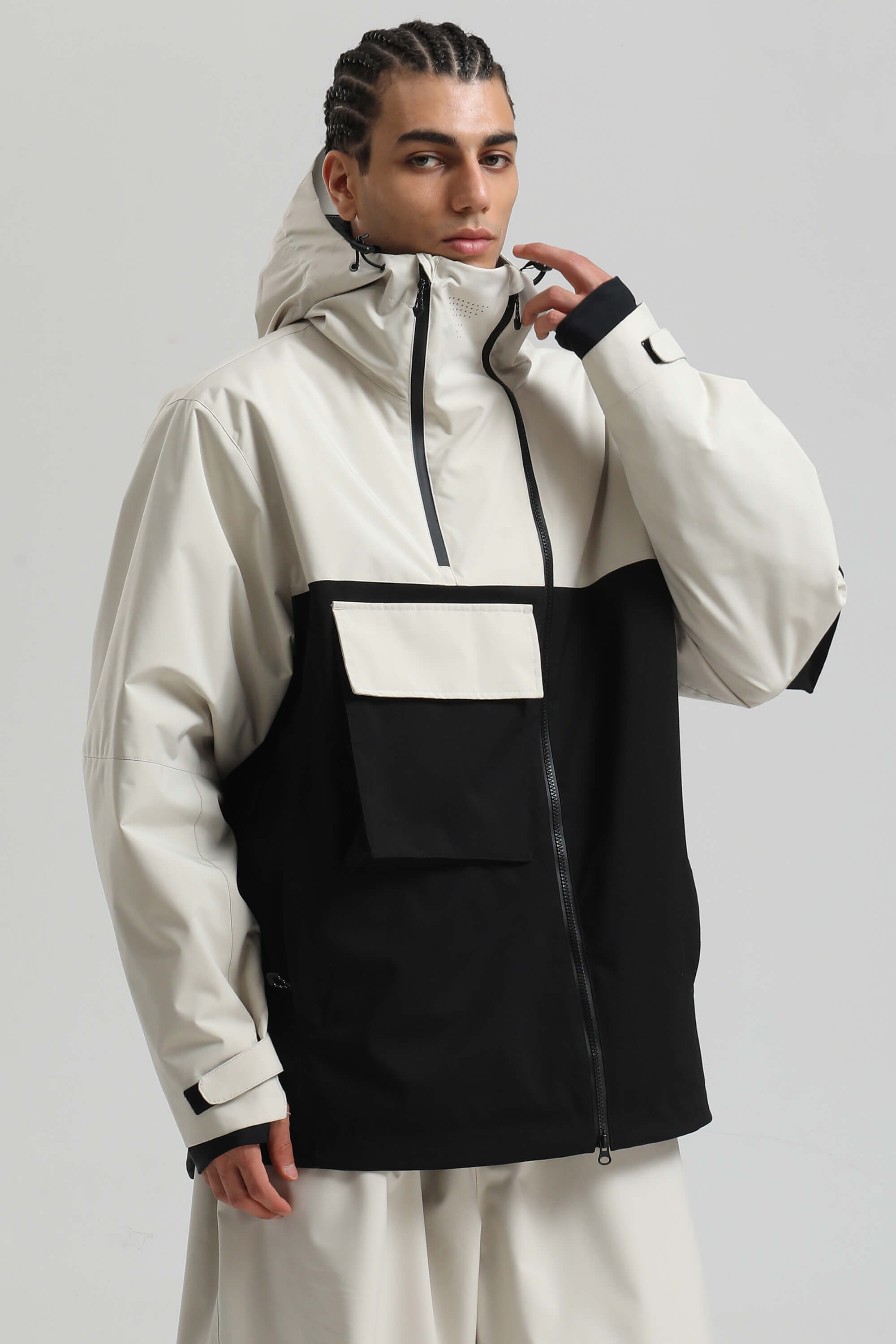 Men's Off White Asym-Zip Multi-Pocket Ski Jacket Utility Waterproof Snow Jacket