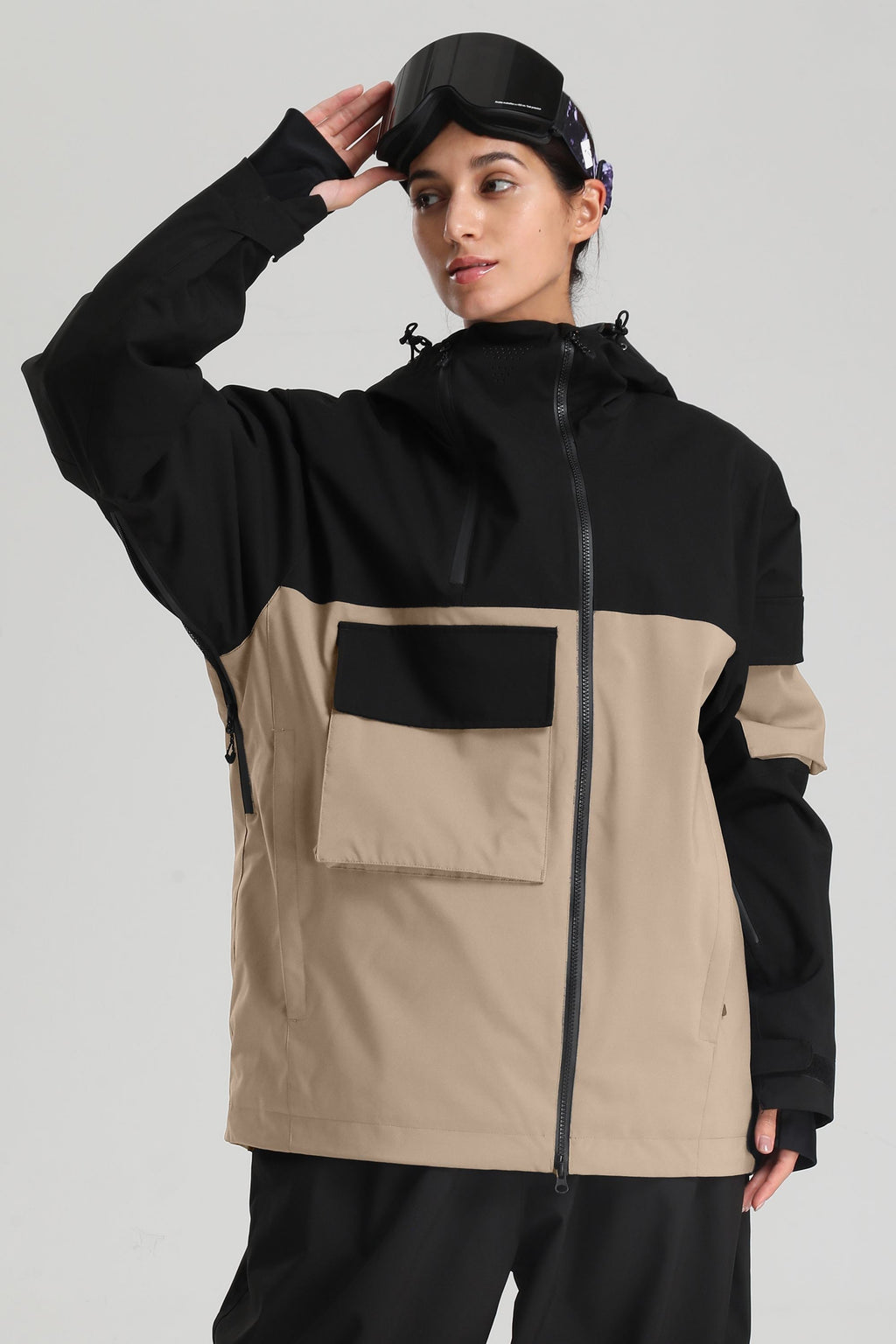 Women's Black & Khaki Asym-Zip Multi-Pocket Ski Jacket Utility Waterproof Snow Jacket