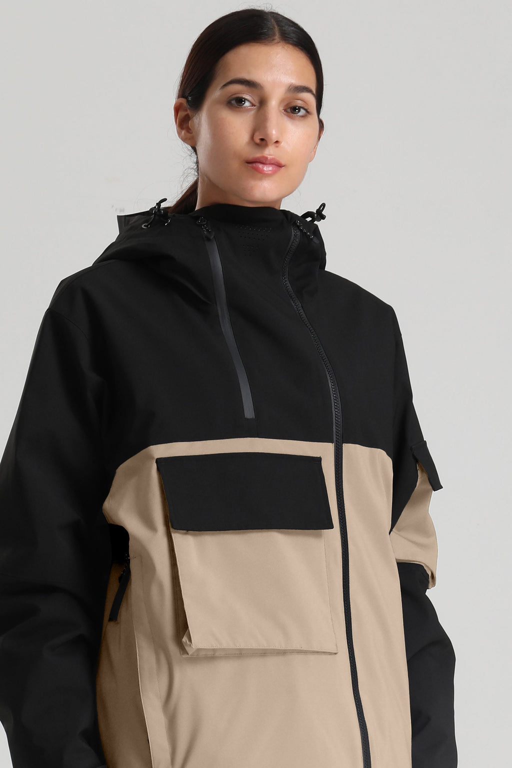 Women's Black & Khaki Asym-Zip Multi-Pocket Ski Jacket Utility Waterproof Snow Jacket