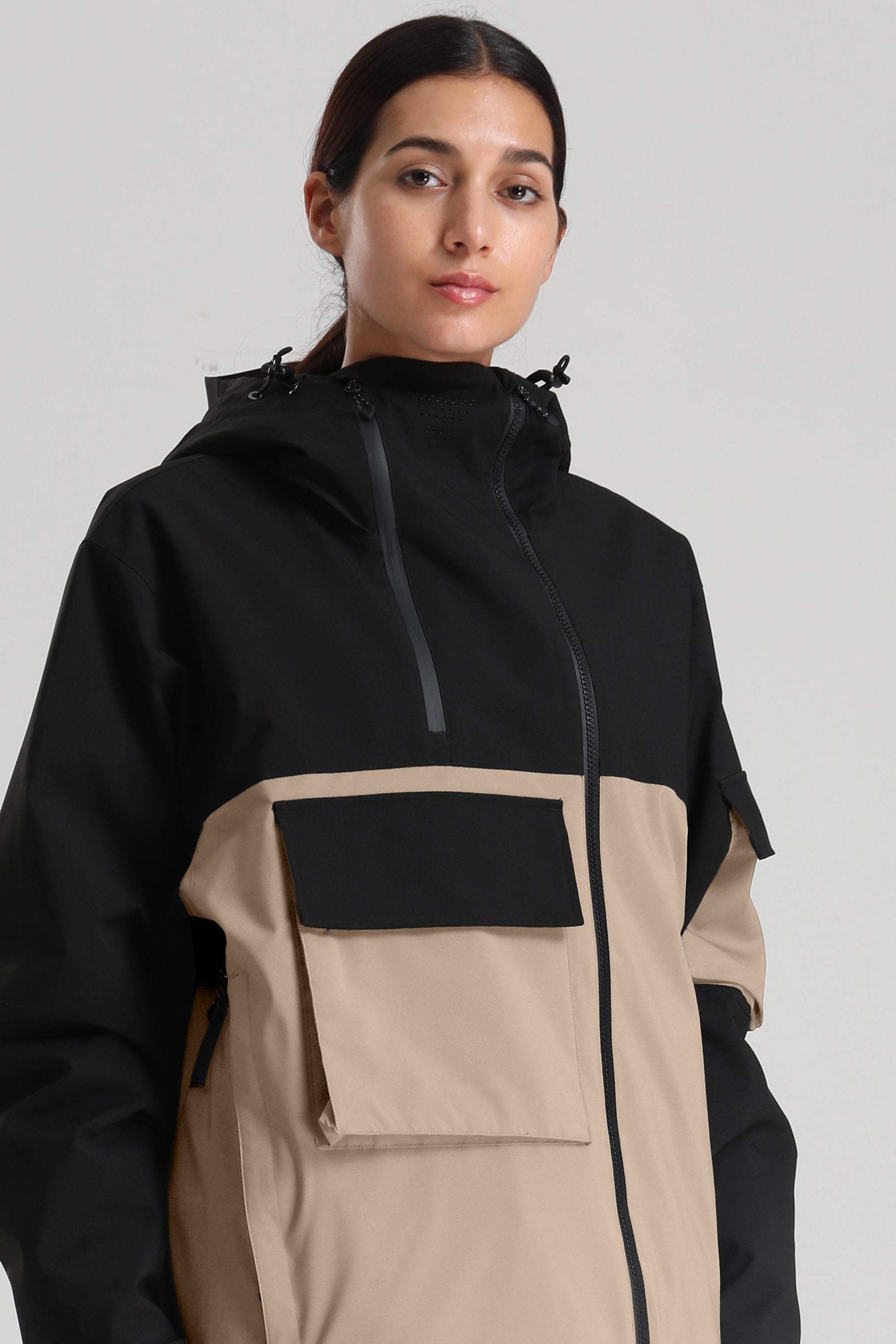 Women's Black & Khaki Asym-Zip Multi-Pocket Ski Jacket Utility Waterproof Snow Jacket