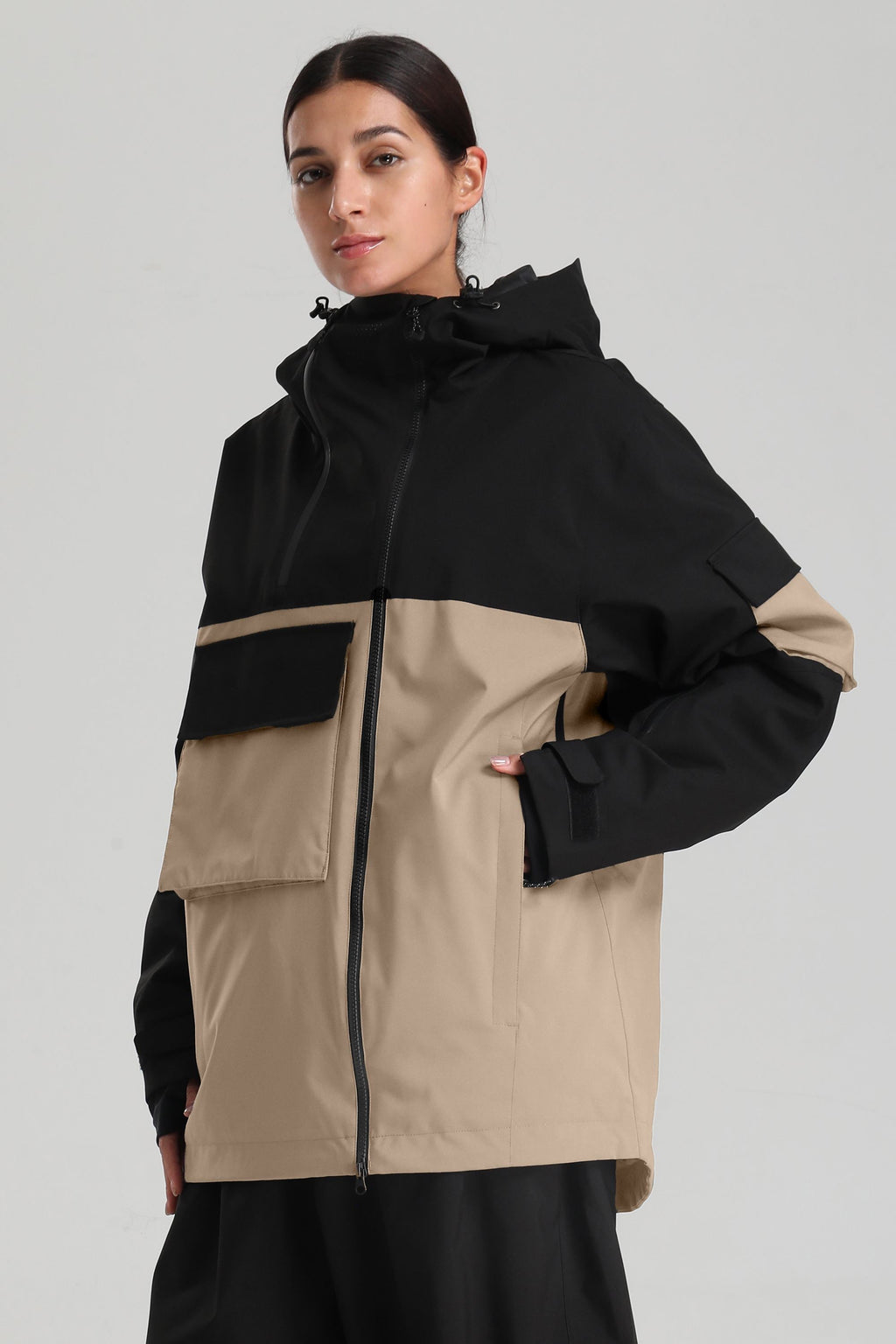 Women's Black & Khaki Asym-Zip Multi-Pocket Ski Jacket Utility Waterproof Snow Jacket