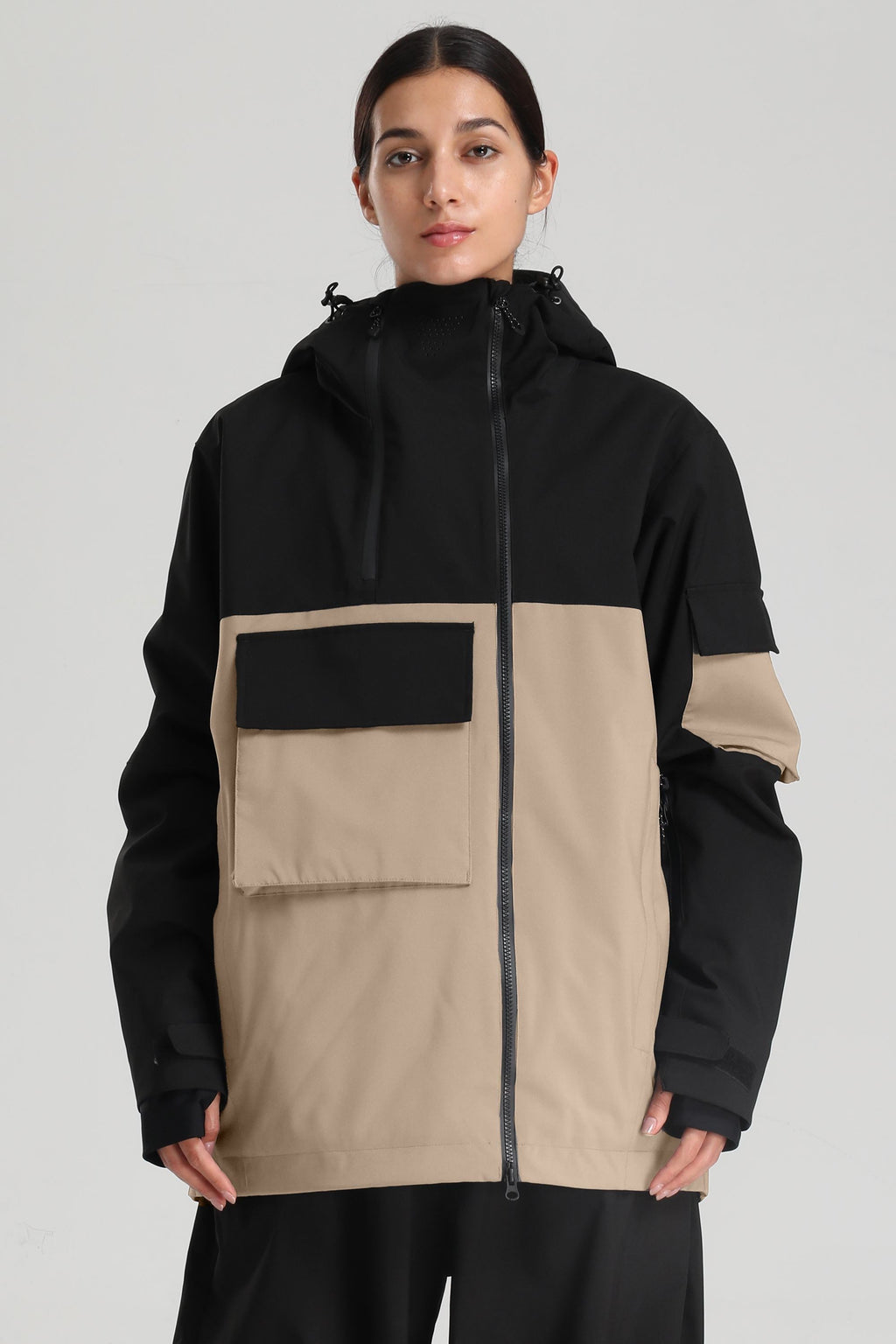 Women's Black & Khaki Asym-Zip Multi-Pocket Ski Jacket Utility Waterproof Snow Jacket