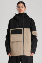 Women's Black & Khaki Asym-Zip Multi-Pocket Ski Jacket Utility Waterproof Snow Jacket