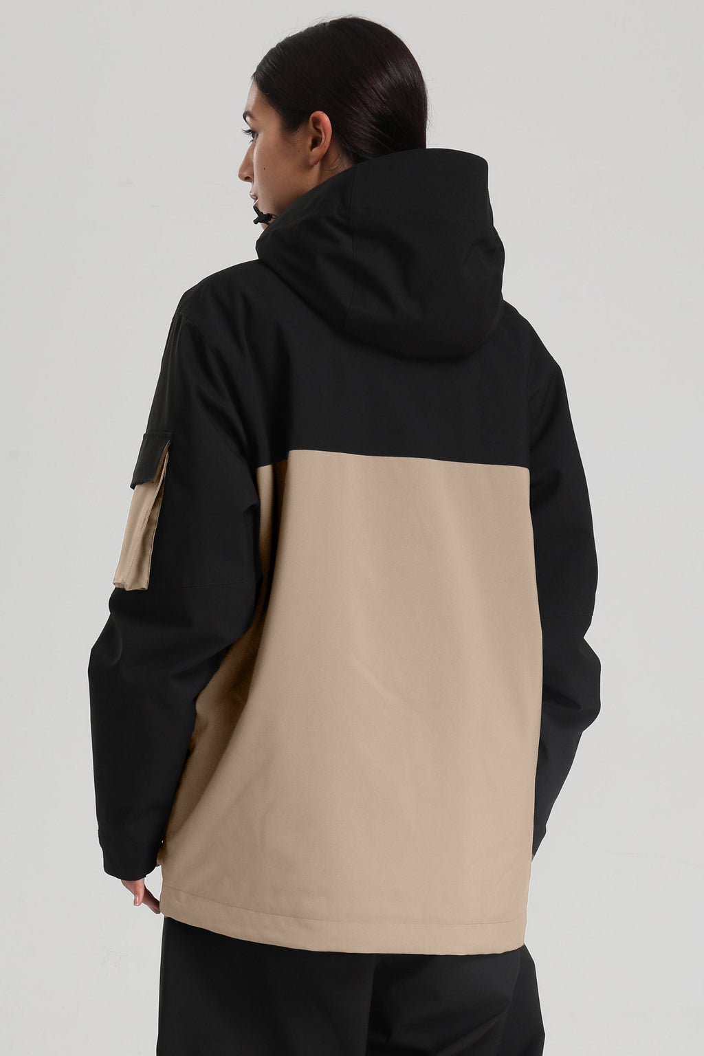 Women's Black & Khaki Asym-Zip Multi-Pocket Ski Jacket Utility Waterproof Snow Jacket