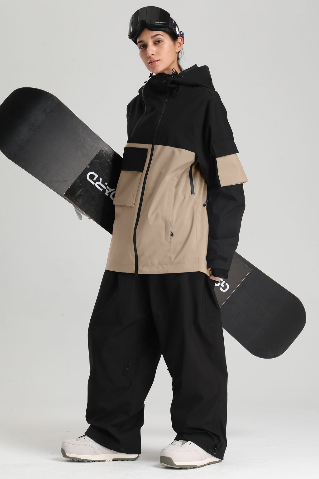 Women's Black & Khaki Asym-Zip Multi-Pocket Ski Jacket Utility Waterproof Snow Jacket