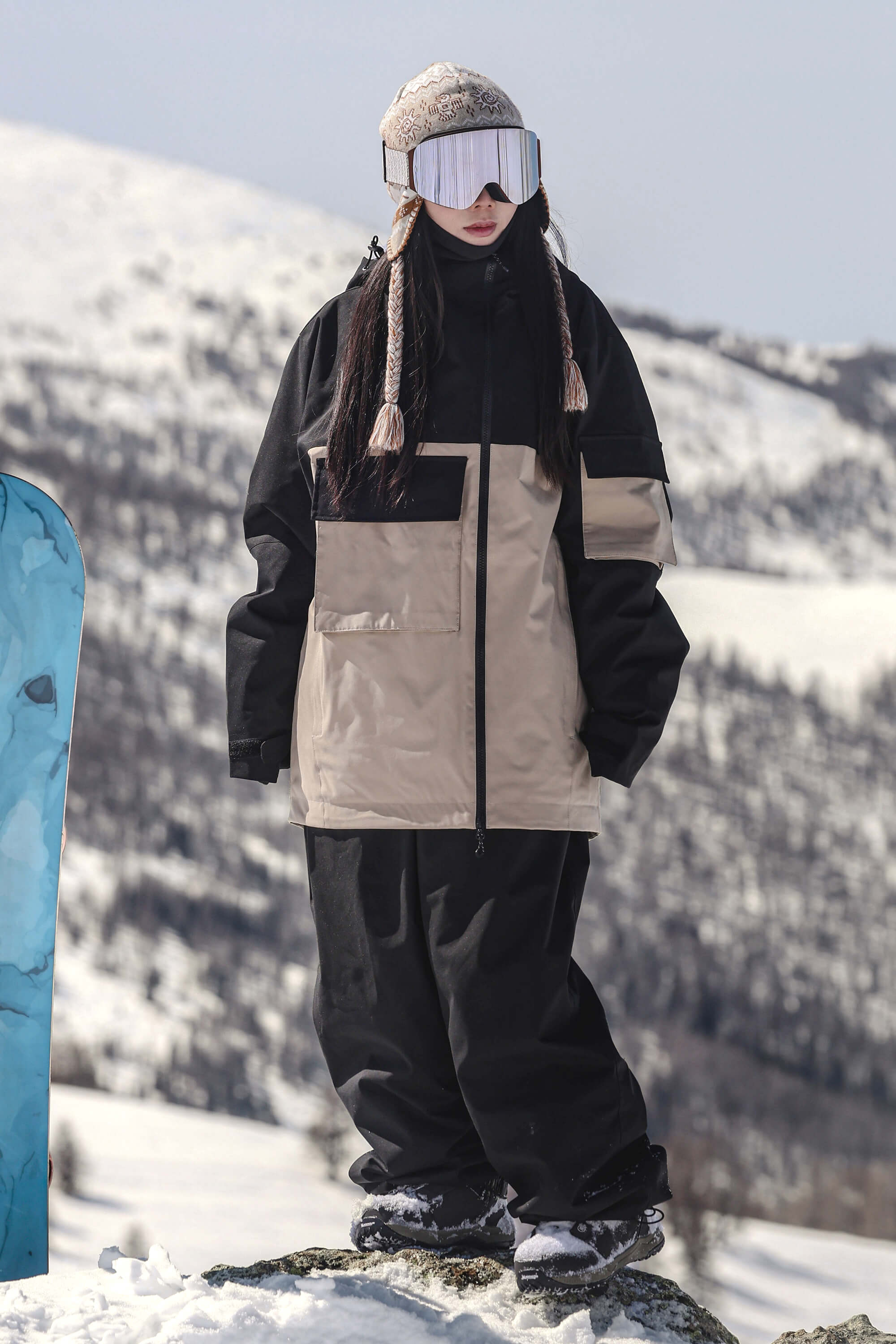 Women's Black & Khaki Asym-Zip Multi-Pocket Ski Jacket Utility Waterproof Snow Jacket